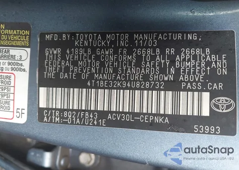 2004 Toyota Camry Le z USA, uszkodzony, nr VIN 4T1BE32K94U828732